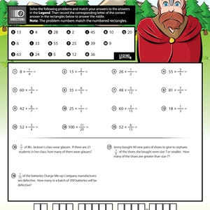 May include: A worksheet titled "What was Erik the Red's Reputation?" features math problems involving multiplying whole numbers by fractions. The page includes a cartoon Viking illustration and a legend for matching answers to letters.