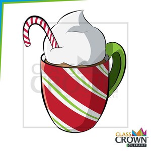 May include: A cartoon illustration of a festive mug of hot chocolate. The red mug has diagonal white and green stripes. It is topped with whipped cream and a candy cane. The mug has a green handle.