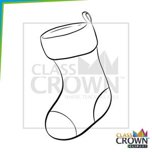 May include: Black and white line art of a Christmas stocking with a loop for hanging. The stocking has a white cuff and a rounded toe. The text "CLASS CROWN" is visible.