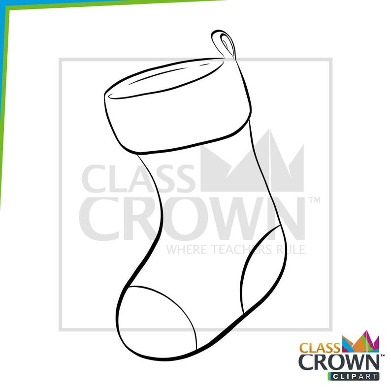 May include: Black and white line art of a Christmas stocking with a loop for hanging. The stocking has a white cuff and a rounded toe. The text "CLASS CROWN" is visible.