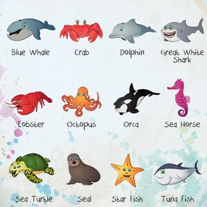 May include: A colorful illustration featuring various ocean animals, including a blue whale, crab, dolphin, great white shark, lobster, octopus, orca, sea horse, sea turtle, seal, starfish, and tuna fish. The image includes the text "INDEX: Animal Clipart - Oceans Pack."