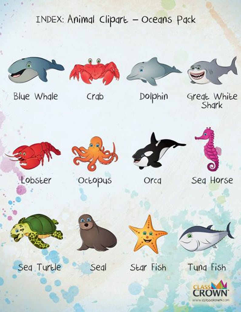 May include: A colorful illustration featuring various ocean animals, including a blue whale, crab, dolphin, great white shark, lobster, octopus, orca, sea horse, sea turtle, seal, starfish, and tuna fish. The image includes the text "INDEX: Animal Clipart - Oceans Pack."