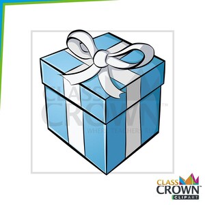 May include: A blue gift box with white vertical stripes and a white bow on top. The box has the text "WHERE TEACHER RU" on the side. The image is a cartoon style illustration.
