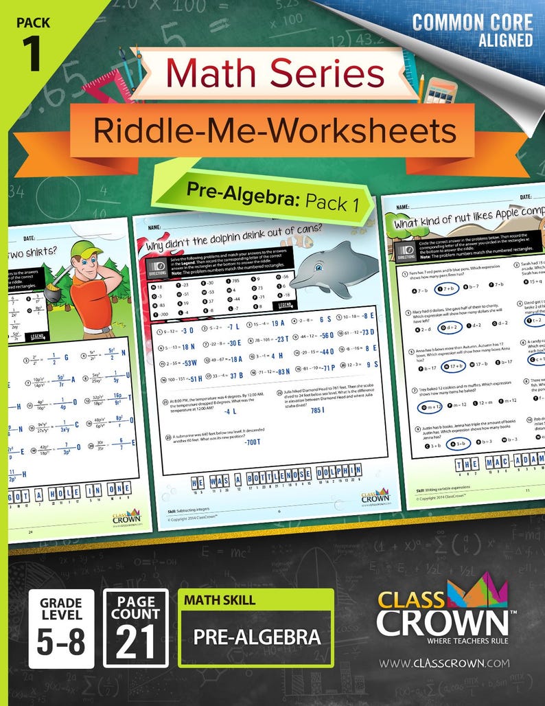 May include: A pack of Pre-Algebra math worksheets for grades 5-8, titled "Riddle-Me-Worksheets." The cover features a green and orange banner with the text "Math Series" and "Pre-Algebra: Pack 1." The worksheets include math problems and illustrations.