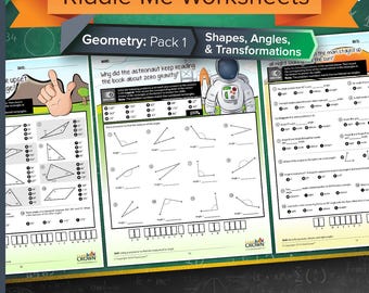 Geometry Worksheets with Riddles: Pack 1 - Shapes, Angles, and Transformations