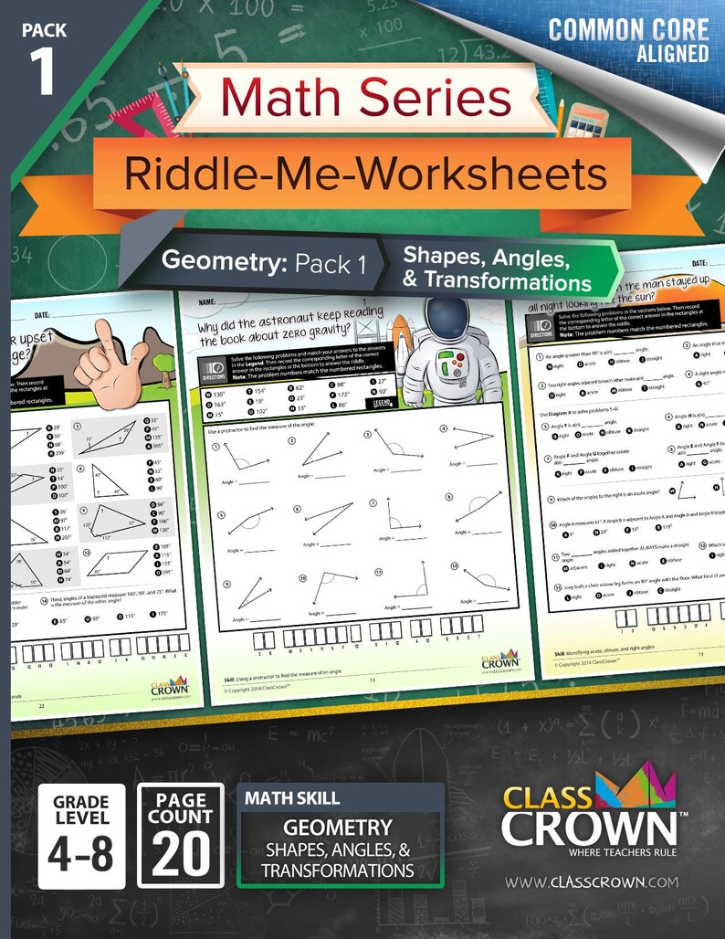 May include: A pack of 20 Riddle-Me-Worksheets for grades 4-8, focusing on geometry, shapes, angles, and transformations. The cover features the text "Math Series" and "Geometry: Pack 1". The worksheets are designed for classroom use.