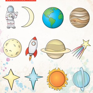 May include: Space-themed clip art essentials pack featuring an astronaut, crescent moon, Earth, Jupiter, a moon, a rocket, Saturn, a shooting star, two stars, the sun, and Uranus. The title "Space Clip Art Essentials Pack" is at the top.