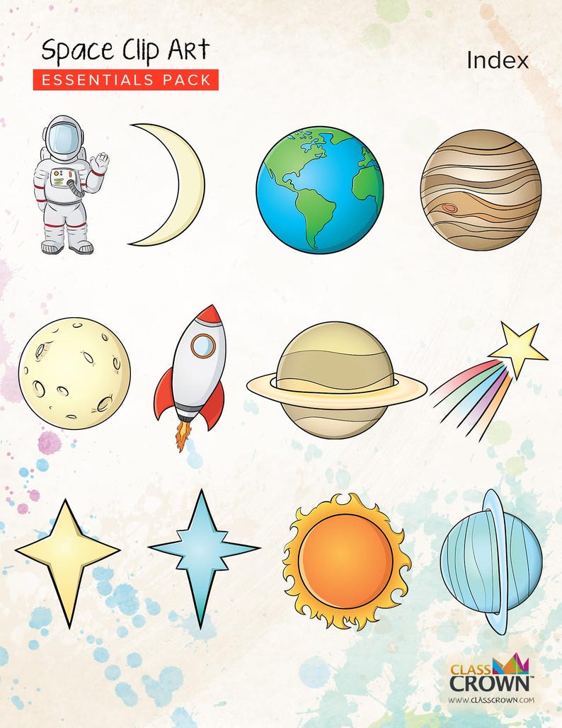 May include: Space-themed clip art essentials pack featuring an astronaut, crescent moon, Earth, Jupiter, a moon, a rocket, Saturn, a shooting star, two stars, the sun, and Uranus. The title "Space Clip Art Essentials Pack" is at the top.