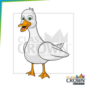 May include: A cartoon illustration of a white goose with an open orange beak and green eyes. The goose has orange feet and is standing on a white background. The image includes the text "CLASS CROWN CLIPART".