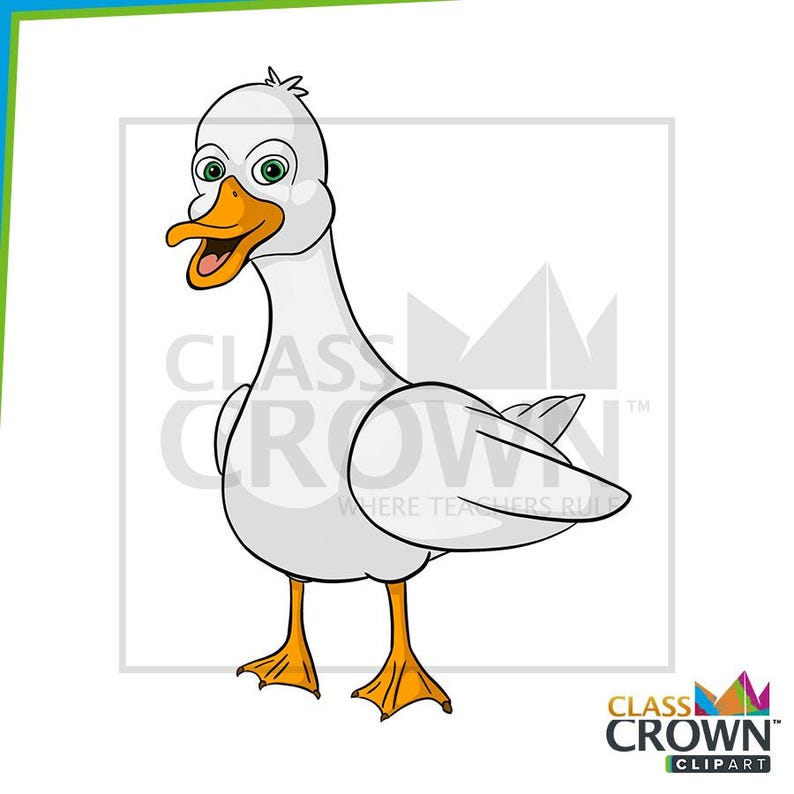 May include: A cartoon illustration of a white goose with an open orange beak and green eyes. The goose has orange feet and is standing on a white background. The image includes the text "CLASS CROWN CLIPART".