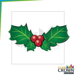 May include: A digital illustration of a sprig of holly with three red berries and green leaves. The leaves have detailed veining, and the berries are round and glossy. The image is set against a white background.