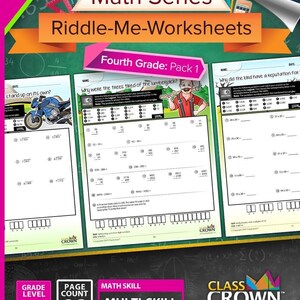 May include: A colourful educational worksheet pack for fourth grade maths, titled "Math Series Riddle-Me-Worksheets." The pack includes 30 pages of multi-skill maths problems. The cover features a motorcycle, a lumberjack, and a bird.