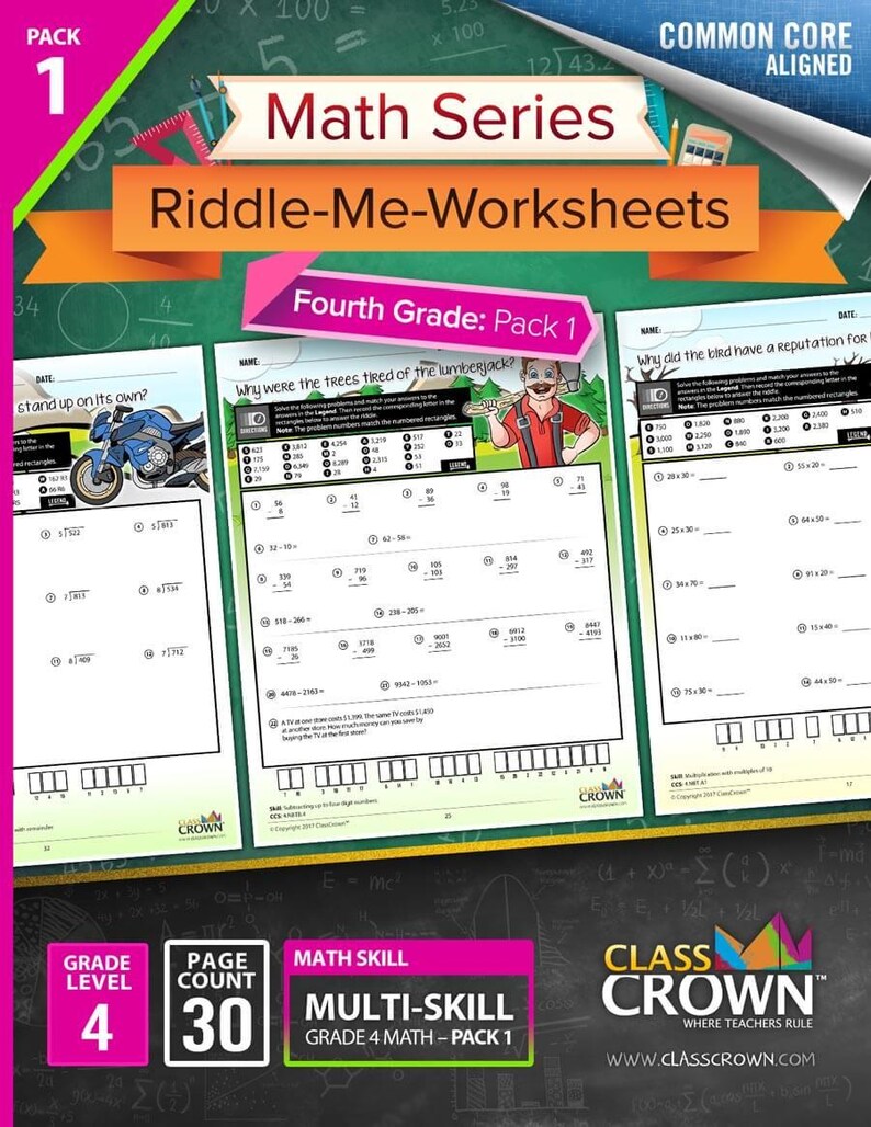 May include: A colourful educational worksheet pack for fourth grade maths, titled "Math Series Riddle-Me-Worksheets." The pack includes 30 pages of multi-skill maths problems. The cover features a motorcycle, a lumberjack, and a bird.