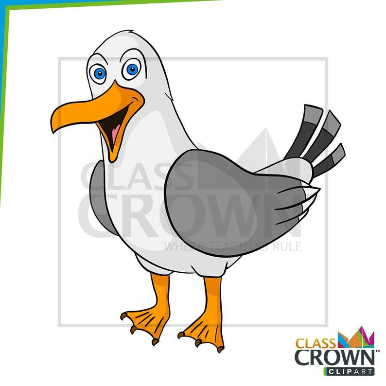 May include: A cartoon illustration of a seagull with white feathers, gray wings, and orange beak and feet. The seagull has blue eyes and is smiling with its mouth open. The image includes the text "CLASS CROWN CLIPART".