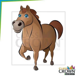 Pu&ograve; includere: Un'illustrazione di un cartone animato di un cavallo marrone con criniera e coda marrone chiaro. Il cavallo ha gli occhi blu ed &egrave; raffigurato in una posa di corsa. L'immagine &egrave; su sfondo bianco.