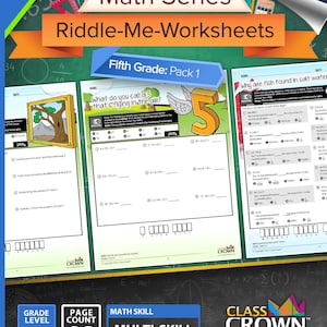 Puede incluir: Un colorido paquete de hojas de trabajo educativas para matemáticas de quinto grado. La portada presenta el texto "Math Series Riddle-Me-Worksheets" y "Fifth Grade: Pack 1". El paquete incluye 30 páginas de problemas de matemáticas de múltiples habilidades.