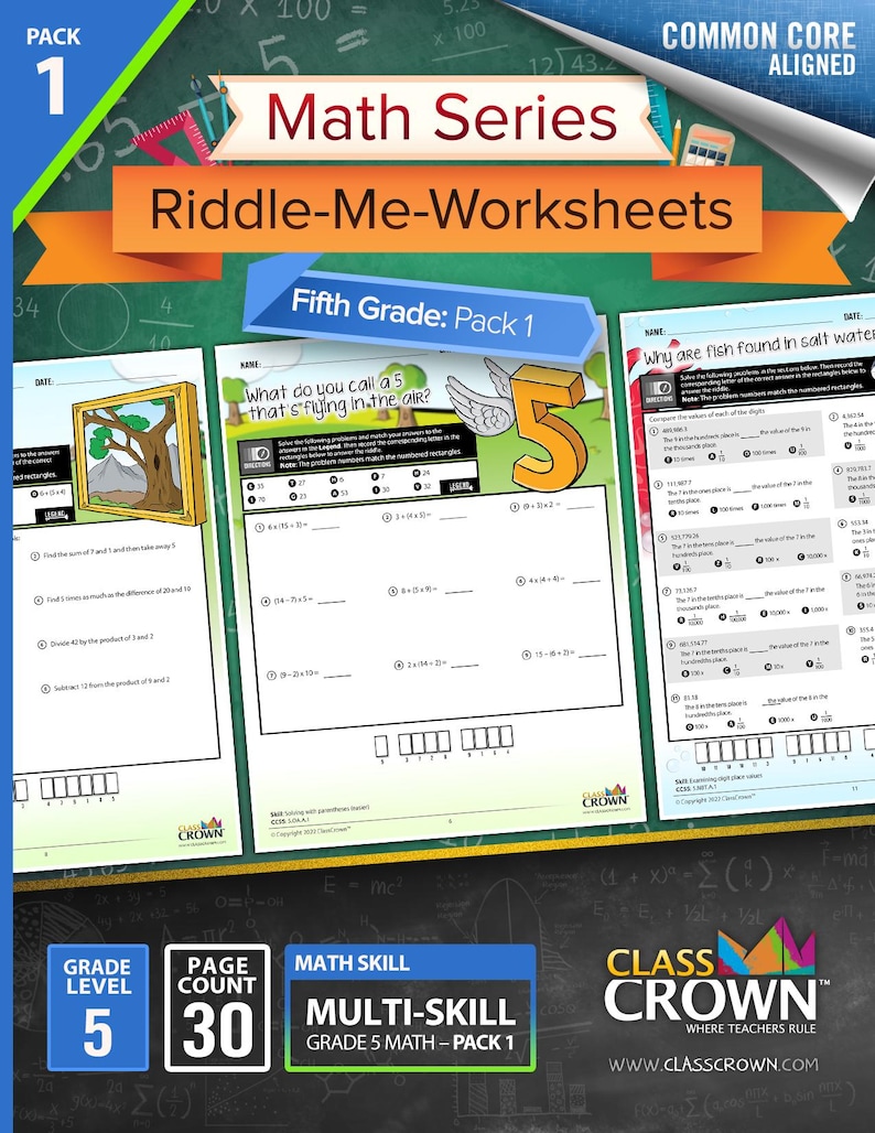 May include: A colorful educational worksheet pack for fifth grade math. The cover features the text "Math Series Riddle-Me-Worksheets" and "Fifth Grade: Pack 1". The pack includes 30 pages of multi-skill math problems.
