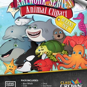May include: A colorful digital artwork featuring various ocean animals, including a shark, dolphin, and octopus. The image includes the text "Artwork Series Animal Clipart" and "Oceans Pack". The pack includes 12 clipart images.