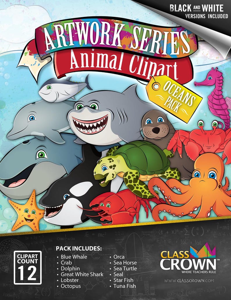 May include: A colorful digital artwork featuring various ocean animals, including a shark, dolphin, and octopus. The image includes the text "Artwork Series Animal Clipart" and "Oceans Pack". The pack includes 12 clipart images.