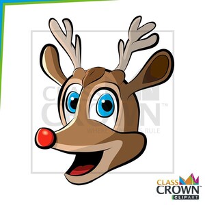 May include: A cartoon illustration of a reindeer head with large blue eyes, a red nose, and tan antlers. The reindeer has a smiling expression and is set against a white background. The image includes the text "CLASS CROWN CLIPART".