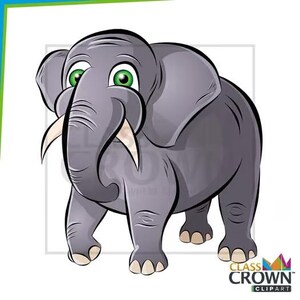 May include: A cartoon illustration of a gray elephant with large ears, tusks, and green eyes. The elephant is standing and facing forward. The image has a white background with a green and blue border. The elephant is a Class Crown Clipart.
