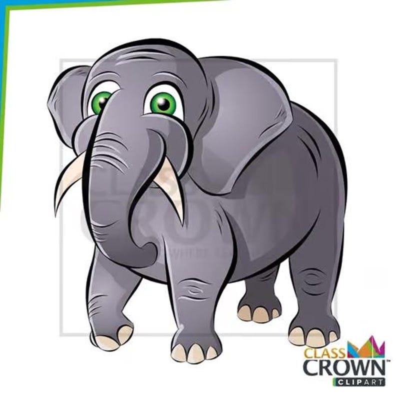 May include: A cartoon illustration of a gray elephant with large ears, tusks, and green eyes. The elephant is standing and facing forward. The image has a white background with a green and blue border. The elephant is a Class Crown Clipart.