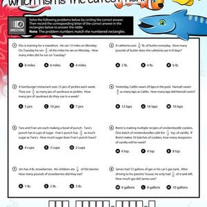May include: A worksheet titled "Which fish is the cutest fish?" features math problems with multiple-choice answers. Colorful cartoon fish illustrations decorate the top. The problems involve fractions and word problems, suitable for elementary school students.