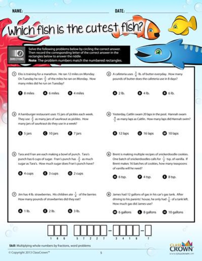 May include: A worksheet titled "Which fish is the cutest fish?" features math problems with multiple-choice answers. Colorful cartoon fish illustrations decorate the top. The problems involve fractions and word problems, suitable for elementary school students.