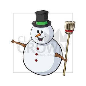 May include: A cartoon snowman illustration with a black top hat, green band, and a carrot nose. The snowman has a broom and brown stick arms. The snowman has a smiling face and three red buttons. The text "CLASS CROWN" is partially visible.