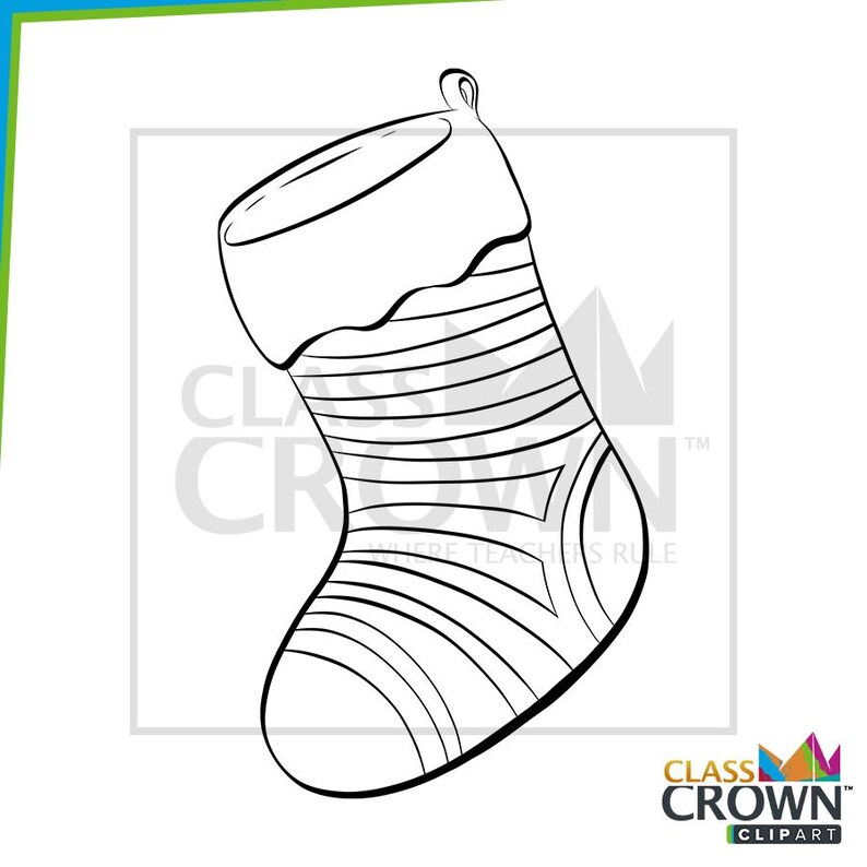 May include: Black and white line art illustration of a Christmas stocking. The stocking has a wavy cuff and horizontal stripes. The image includes the text "CLASS CROWN CLIPART".