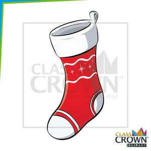 May include: A red Christmas stocking with white accents, including the cuff, toe, and heel. The stocking features a wavy white design with stars. A loop is at the top for hanging. The image is a vector graphic.