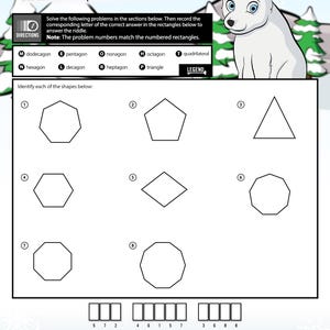 Puede incluir: Una hoja de trabajo titulada "&iquest;D&oacute;nde votan los osos polares?" presenta un oso polar de dibujos animados y problemas de identificaci&oacute;n de formas geom&eacute;tricas. La hoja de trabajo incluye formas como pent&aacute;gonos, hex&aacute;gonos y oct&aacute;gonos, dise&ntilde;adas para identificar formas regulares. El texto "ClassCrown" es visible.