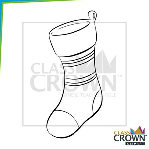 May include: Black and white line drawing of a Christmas stocking with a loop for hanging. The stocking has horizontal stripes and a rounded toe. The text "CLASS CROWN CLIPART" is visible.