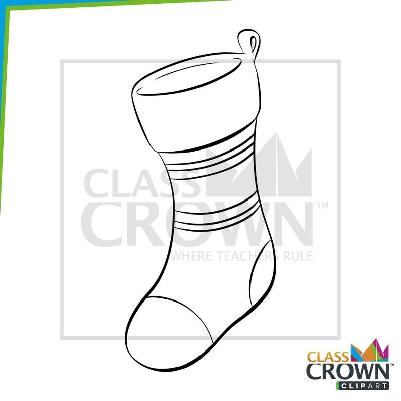 May include: Black and white line drawing of a Christmas stocking with a loop for hanging. The stocking has horizontal stripes and a rounded toe. The text "CLASS CROWN CLIPART" is visible.