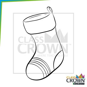 May include: Black and white line art of a Christmas stocking with a loop for hanging. The stocking has a white cuff and stripes near the toe. The text "CLASS CROWN" is visible.