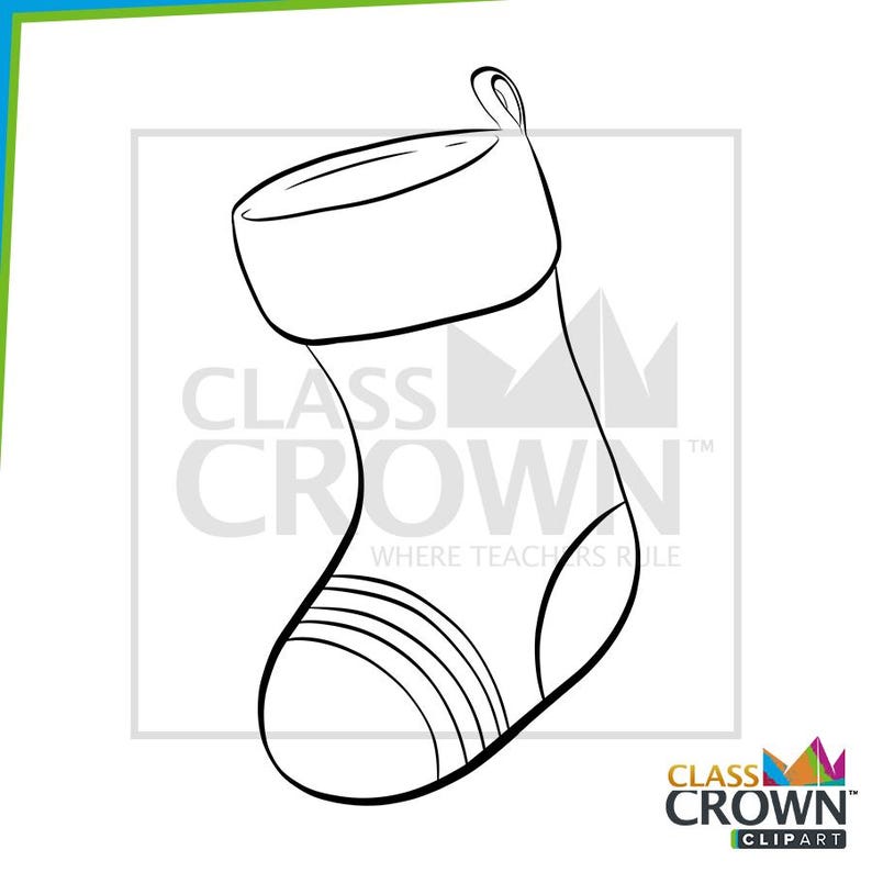May include: Black and white line art of a Christmas stocking with a loop for hanging. The stocking has a white cuff and stripes near the toe. The text "CLASS CROWN" is visible.