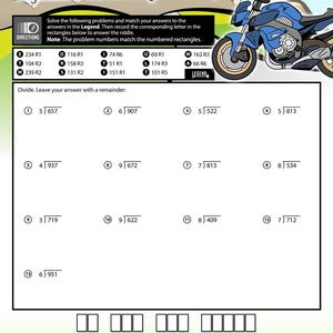 May include: A maths worksheet with division problems. The title asks, "Why couldn't the motorcycle stand up on its own?" A blue motorcycle graphic is in the upper right corner. The worksheet includes a legend to solve the riddle.