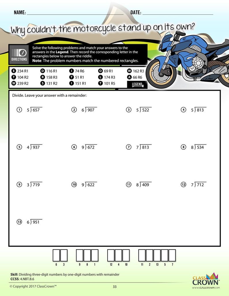 May include: A maths worksheet with division problems. The title asks, "Why couldn't the motorcycle stand up on its own?" A blue motorcycle graphic is in the upper right corner. The worksheet includes a legend to solve the riddle.