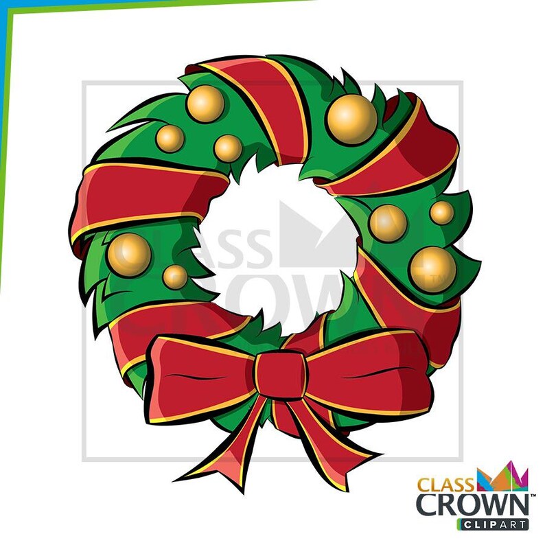 May include: A festive Christmas wreath illustration. The wreath features green foliage, red ribbon, and gold ornaments. A large red bow is at the bottom. The image has a white background and the words "CLASS CROWN CLIPART" in the bottom right corner.