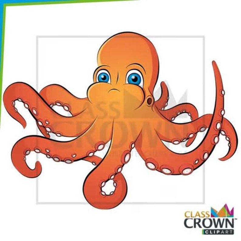 May include: A cartoon illustration of an orange octopus with blue eyes and white suckers on its tentacles. The octopus is set against a white background, with a green and blue border. The image includes the text "CLASS CROWN CLIPART".