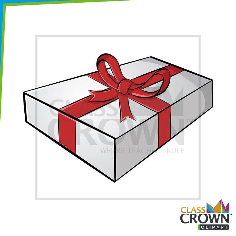 May include: A rectangular gift box with a white body and a red ribbon tied on top. The ribbon is a bow shape. The box has red stripes running down the sides. The image is a cartoon style.