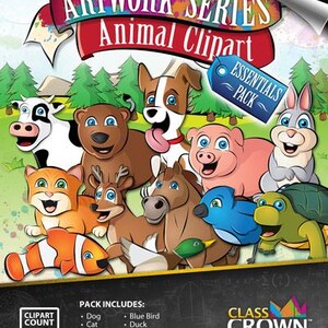 Pu&ograve; includere: Un'opera d'arte digitale colorata con animali dei cartoni animati, tra cui un cane, un gatto, una mucca, un orso, un cervo, un cavallo, un maiale, un coniglio, un'anatra, un uccello azzurro, una tartaruga e un pesce. Il testo "Artwork Series Animal Clipart" &egrave; incluso.
