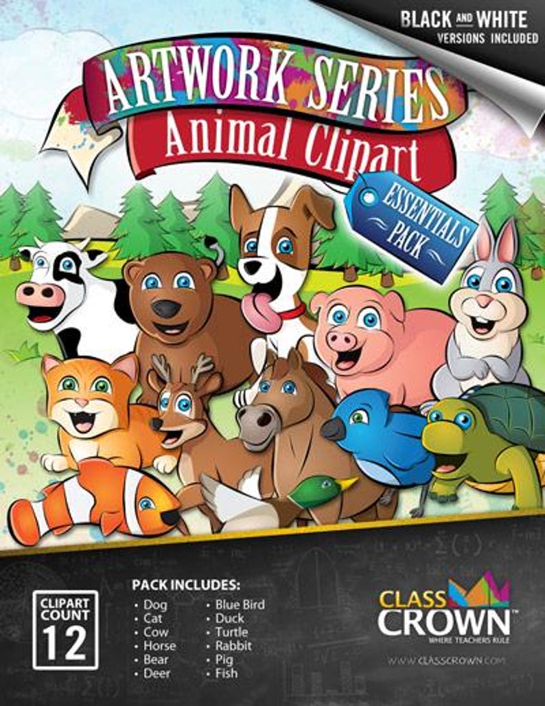 Pu&ograve; includere: Un'opera d'arte digitale colorata con animali dei cartoni animati, tra cui un cane, un gatto, una mucca, un orso, un cervo, un cavallo, un maiale, un coniglio, un'anatra, un uccello azzurro, una tartaruga e un pesce. Il testo "Artwork Series Animal Clipart" &egrave; incluso.