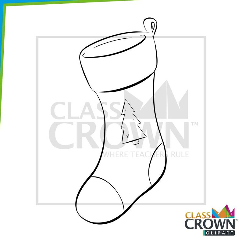 May include: A black and white line drawing of a Christmas stocking with a tree graphic. The stocking has a loop for hanging and a white cuff. The words "CLASS CROWN" and "WHERE TEACHERS RULE" are visible.
