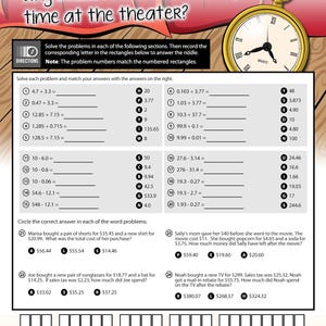 May include: Educational worksheet with math problems, including addition and subtraction of decimals. The page features a riddle, a pocket watch graphic, and multiple choice questions. The worksheet is designed for skill-building and practice.