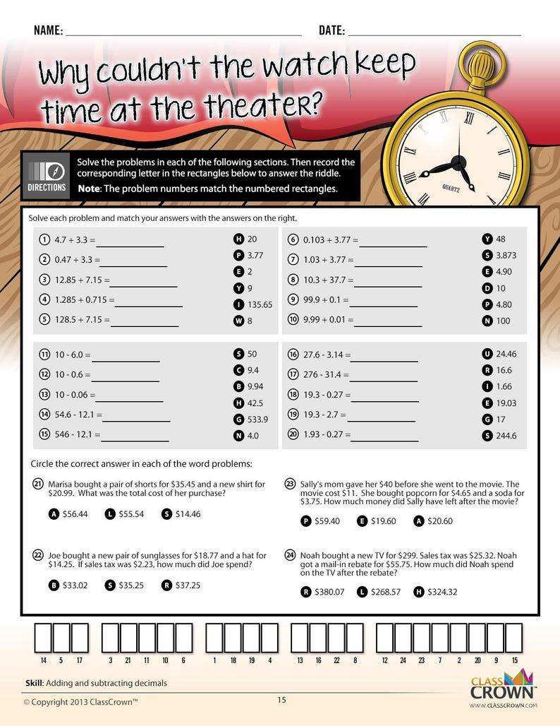 May include: Educational worksheet with math problems, including addition and subtraction of decimals. The page features a riddle, a pocket watch graphic, and multiple choice questions. The worksheet is designed for skill-building and practice.