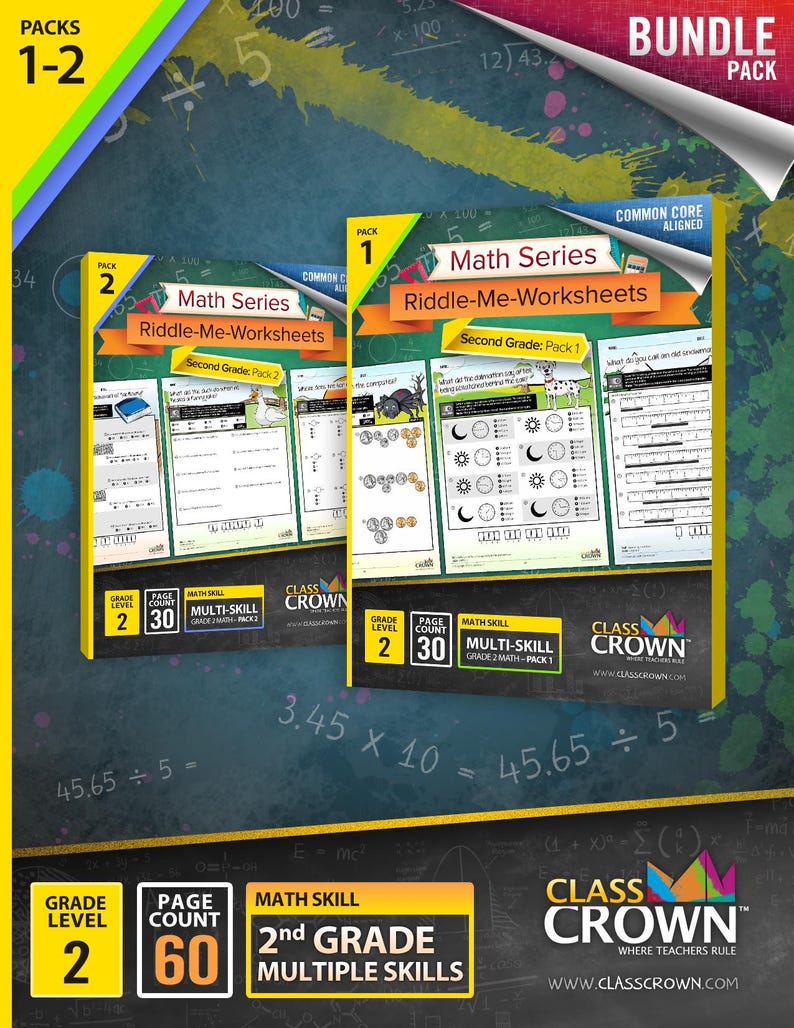 May include: Bundle of two packs of second-grade maths worksheets. Each pack contains 30 pages of multi-skill maths problems. The worksheets are titled "Math Series Riddle-Me-Worksheets" and are aligned with Common Core standards.