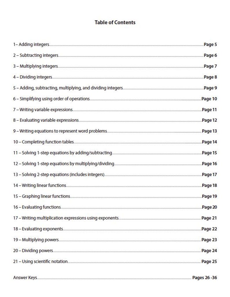 May include: A white page with a black text table of contents. The title "Table of Contents" is at the top. The list includes topics like adding integers, writing variable expressions, and graphing linear functions. Page numbers are listed on the right.