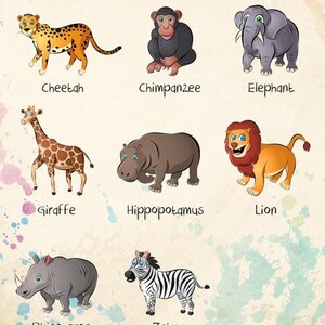 May include: A colorful illustration featuring a cheetah, chimpanzee, elephant, giraffe, hippopotamus, lion, rhinoceros, and zebra. The text "INDEX: Animal Clipart - Safari Pack" is at the top. The Class Crown logo is at the bottom.