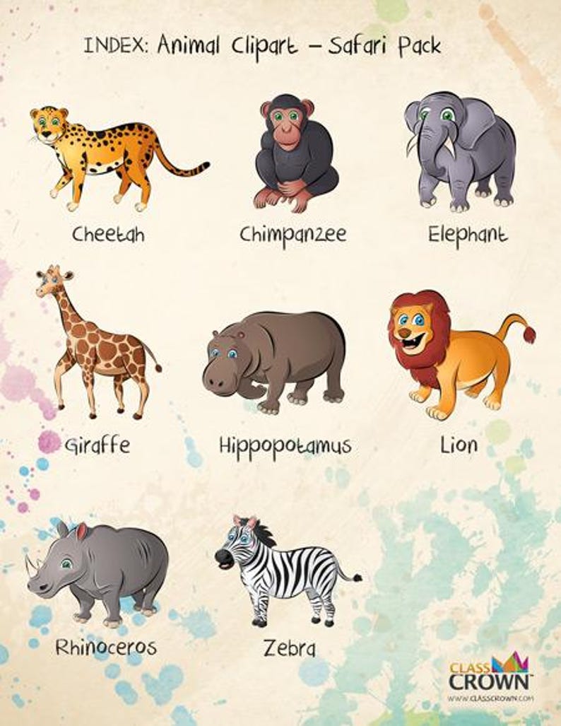 May include: A colorful illustration featuring a cheetah, chimpanzee, elephant, giraffe, hippopotamus, lion, rhinoceros, and zebra. The text "INDEX: Animal Clipart - Safari Pack" is at the top. The Class Crown logo is at the bottom.